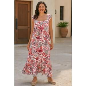 Knox Rose XXL Floral Pink/ Gray Maxi Dress – Boho Flowy, Square Neck, Pockets